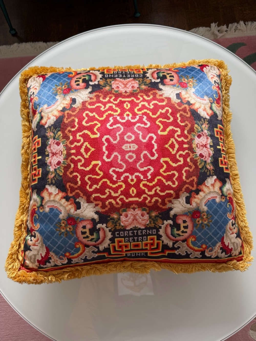 Handmade Italian Coreterno Retrogaming Cushion with Gold Fringe